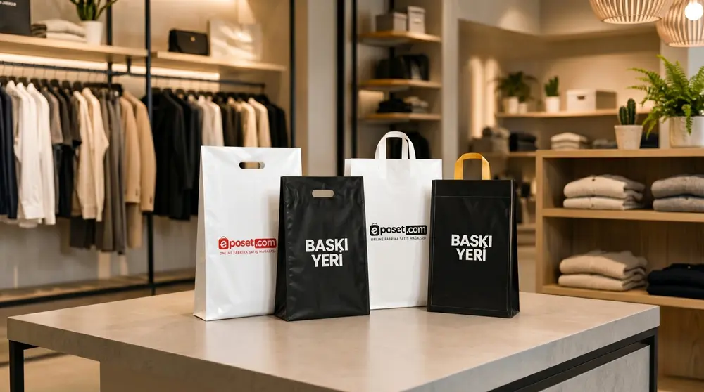 Butik mağaza tezgahı üzerinde sergilenen beyaz ve siyah baskılı mağaza poşeti modelleri.