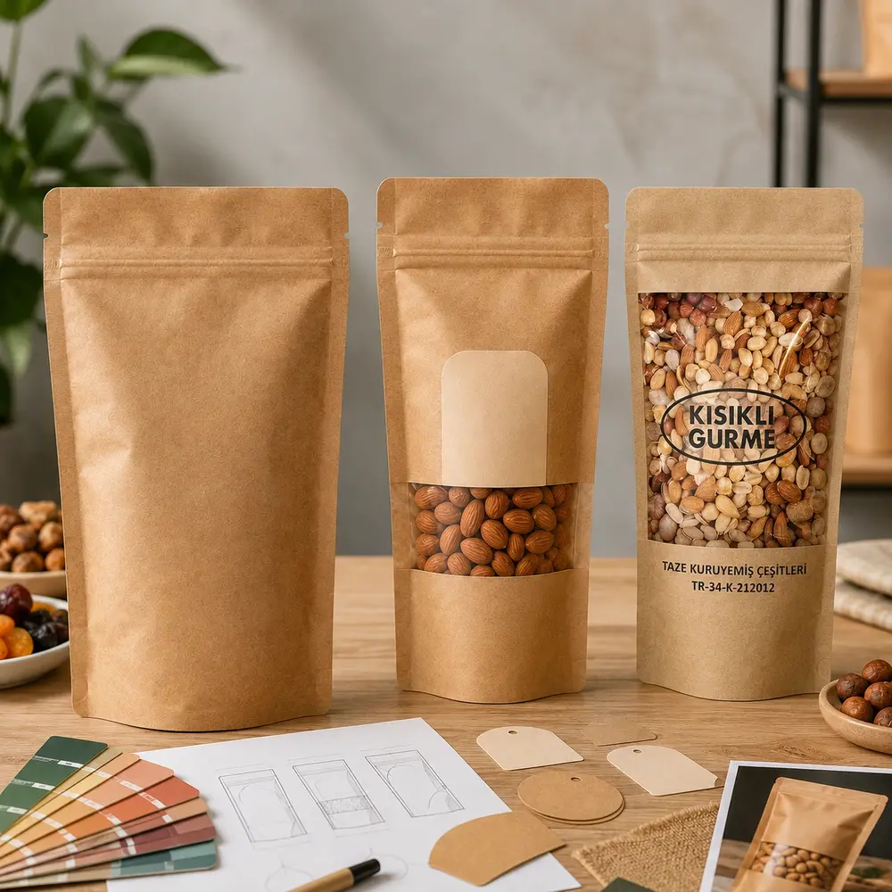Düz kraft doypack, pencereli kraft doypack ve baskılı pencereli kraft doypack ambalaj seçenekleri tasarım örnekleriyle birlikte sergileniyor.