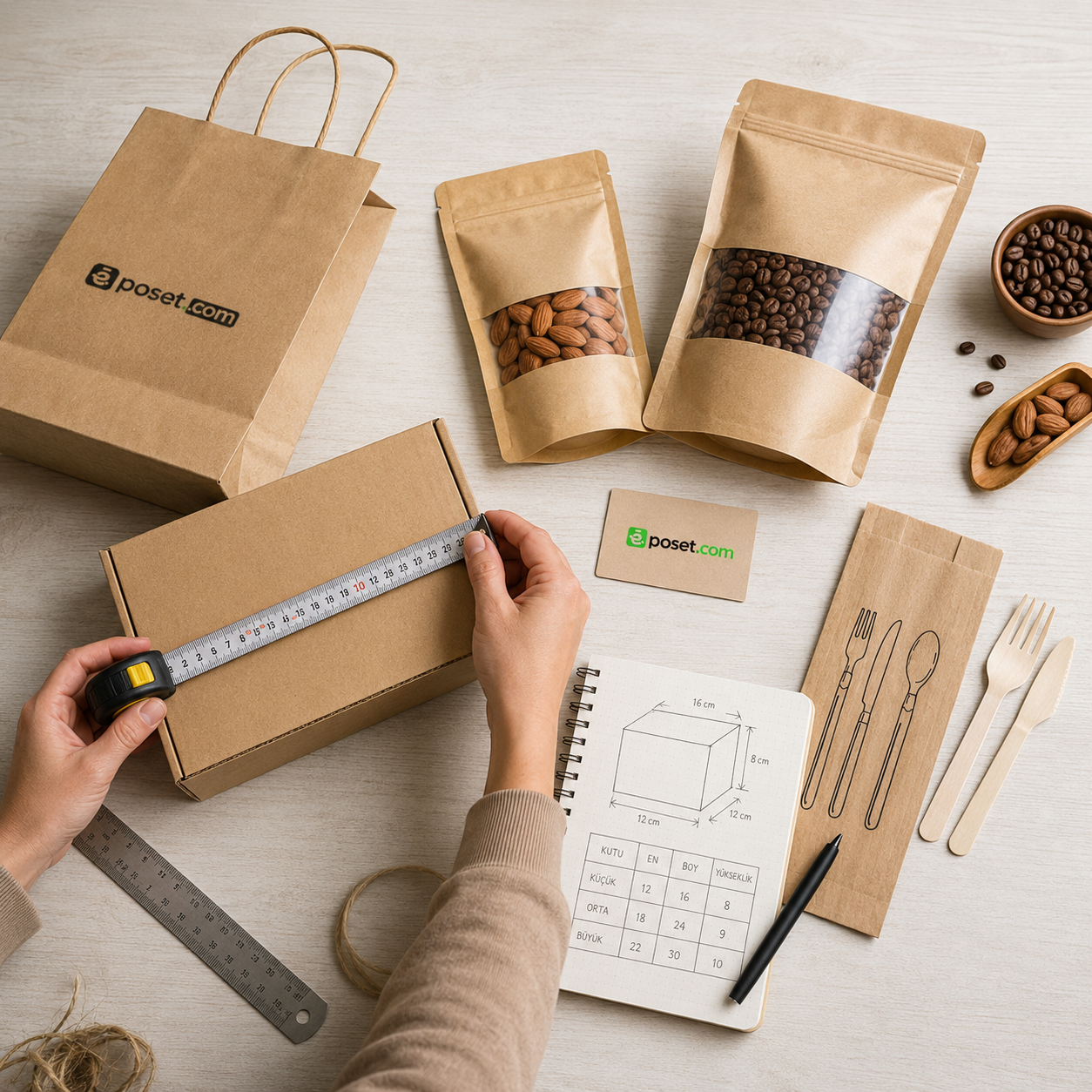 Küçük işletme paketleme masasında kutu ölçüsü alınırken kraft çanta, doypack ve kese kağıdı ambalaj seçenekleri.