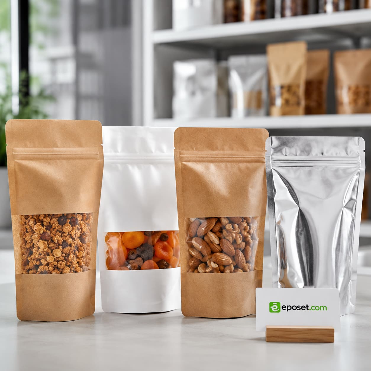 Kuru meyve, granola ve kuruyemiş ürünleri için kullanılan kraft, beyaz ve metalize doypack ambalaj çeşitleri.