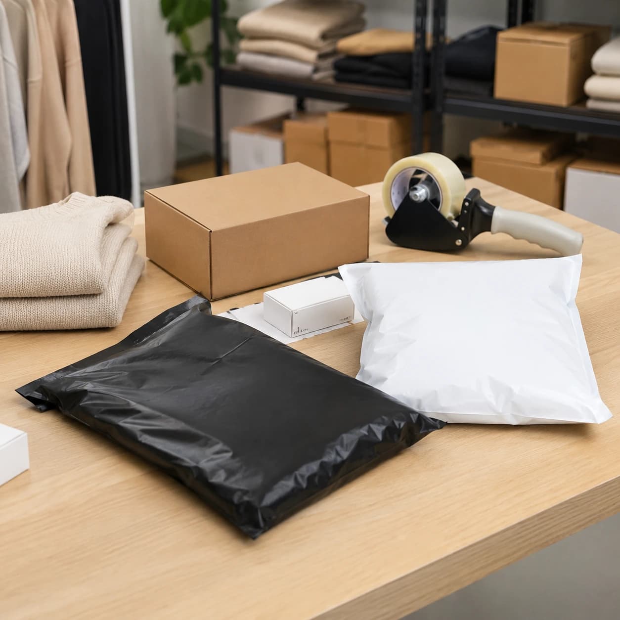 E-ticaret paketleme masasında siyah ve beyaz kargo poşetleri, koli, bant makinesi ve tekstil ürünleri sevkiyata hazırlanıyor.