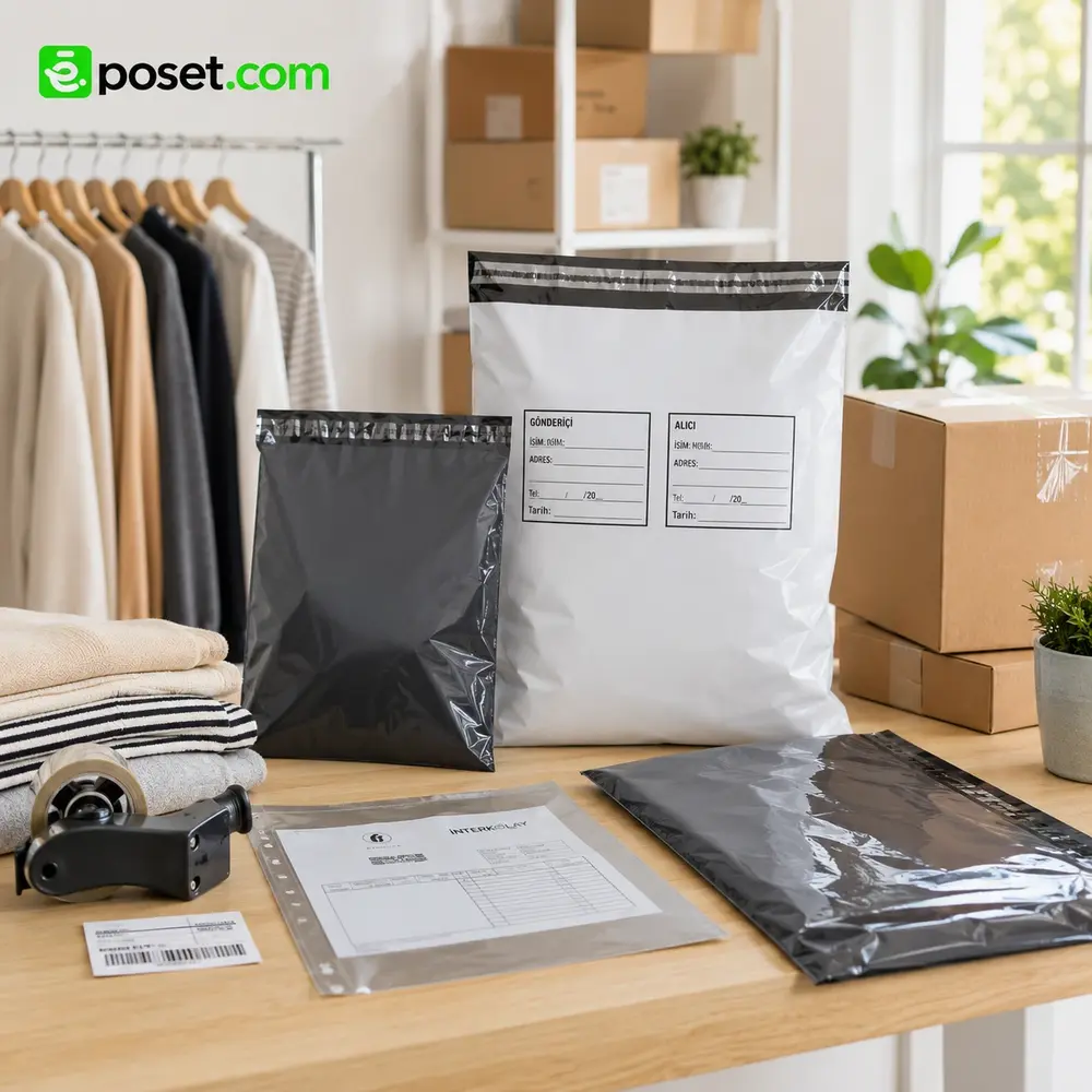 E-ticaret gönderileri için hazırlanan kargo poşetleri, tekstil ürünleri ve paketleme ekipmanları.