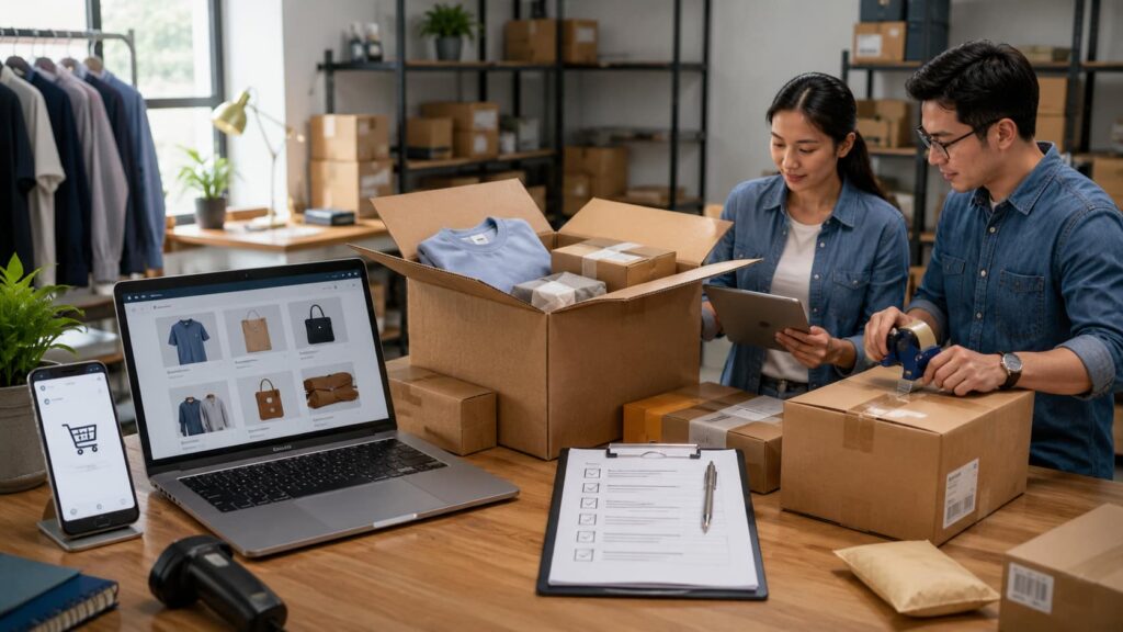 E-ticaret siparişleri için ürün kutuları, bilgisayar ekranı ve paketleme kontrol listesiyle hazırlanan kargo paketleme süreci.
