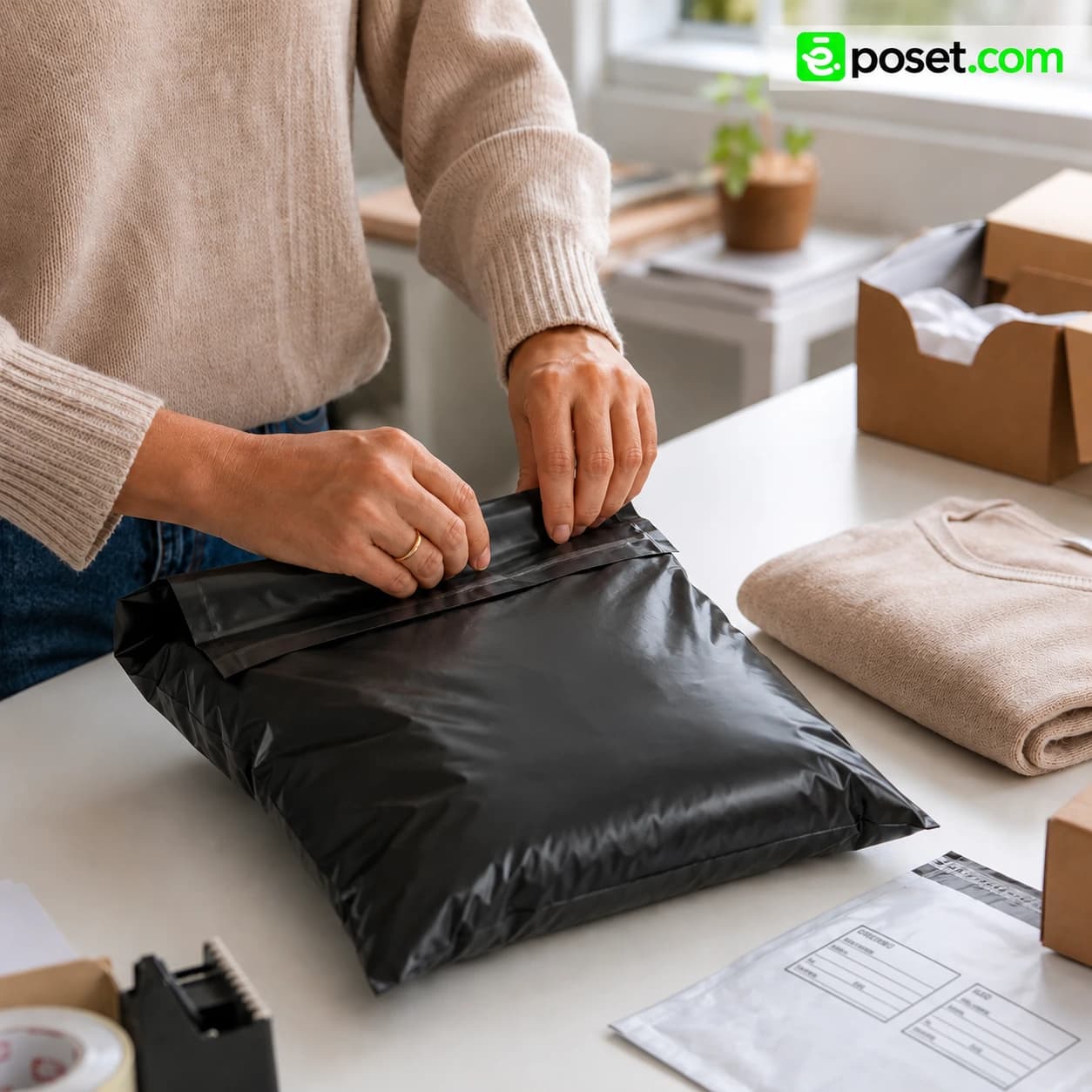 Eposet logolu görselde siyah kargo poşeti paketleme masasında kapatılırken görülüyor.