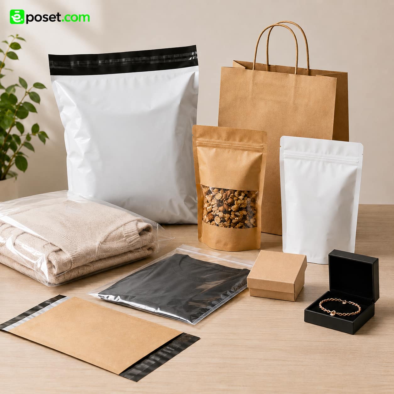 Kargo poşeti, kraft kağıt çanta, doypack, şeffaf poşet ve küçük kutu gibi farklı ambalaj ürünlerinin birlikte sergilendiği ürün görseli.