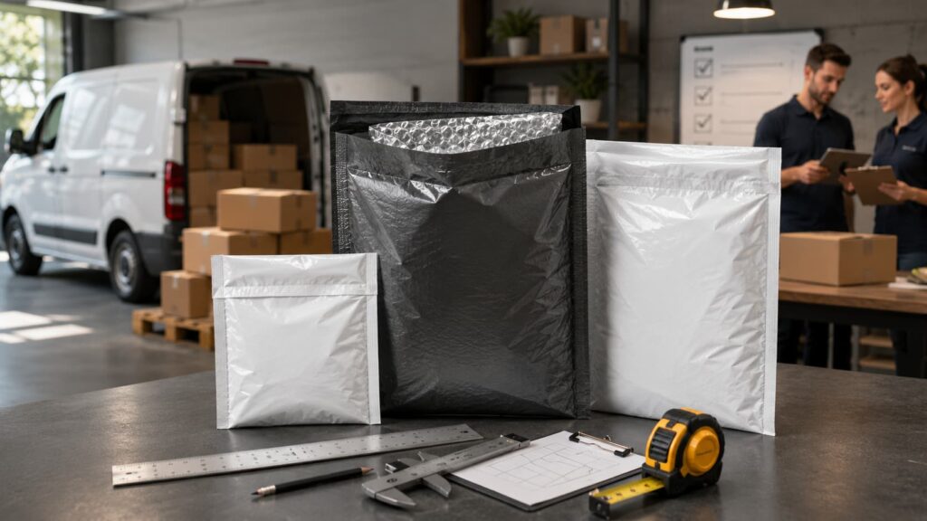 Farklı boyutlarda kargo poşetleri, ölçüm araçları ve paketleme alanı ile kargo poşeti ölçüsü belirleme süreci