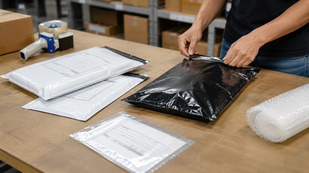 E-ticaret paketleme masasında siyah ve beyaz kargo poşetleri hazırlanırken görülen paketleme süreci