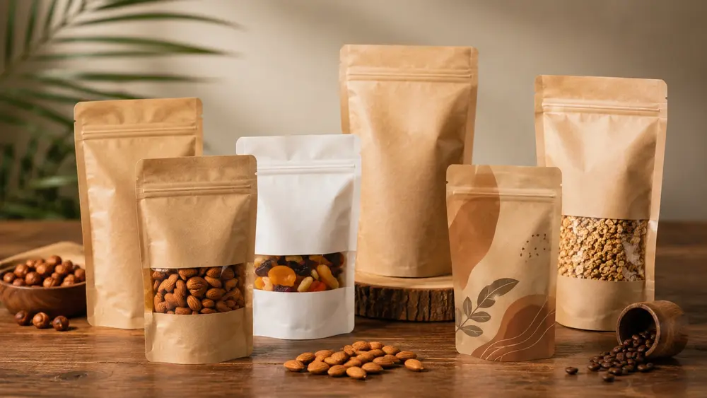 Farklı kraft doypack ambalaj çeşitleri; pencereli, baskılı, beyaz pencereli ve düz kraft paketler, kuruyemiş ve kahve ürünleriyle birlikte ahşap masa üzerinde sergileniyor.