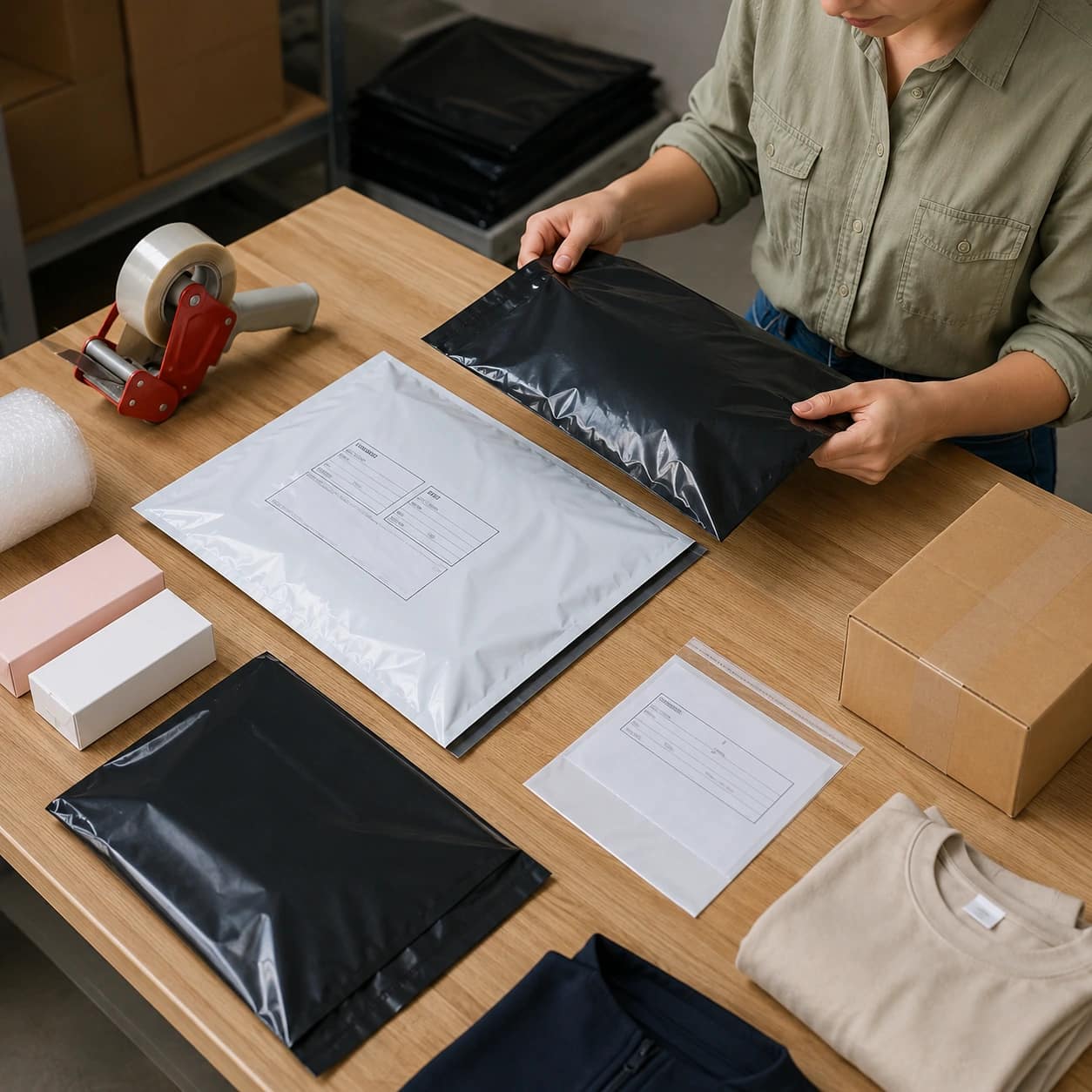 Paketleme masasında siyah opak ve beyaz cepli kargo poşetleri gerçek ürünlerle test edilirken görülüyor.