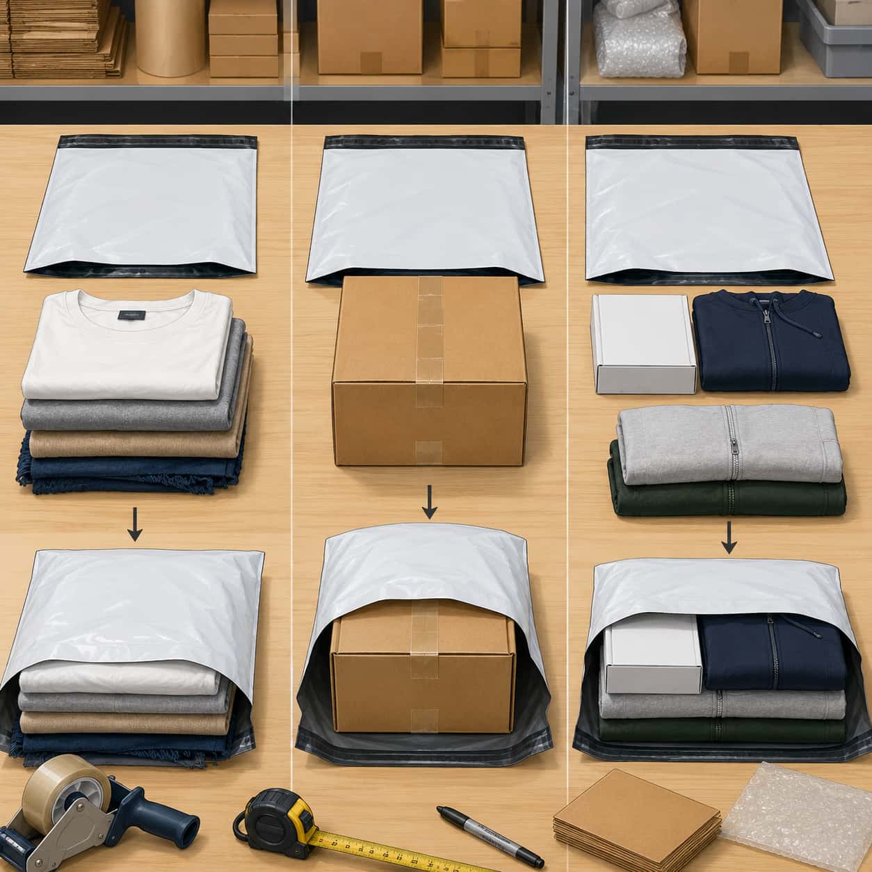 Tekstil, kutulu ürün ve çoklu ürün gönderimleri için farklı kargo poşeti seçimi yaklaşımlarını gösteren paketleme masası.