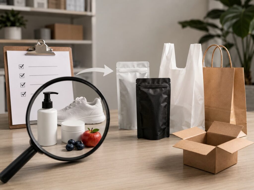 Ürün tipine göre doypack, kargo poşeti, poşet, kağıt çanta ve kutu ambalaj seçeneklerinin karşılaştırıldığı gerçekçi seçim sahnesi.